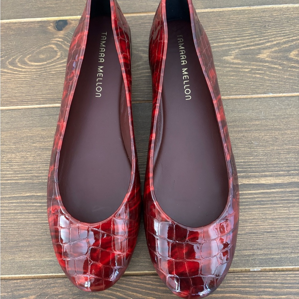 New Tamara Mellon Burgundy Croc-Embossed Flats EU 38.5 US 8 Genuine Leather - Picture 3 of 9